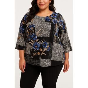 Chic Floral Patchwork Blouse Black Blue JM Collection Woman 0X